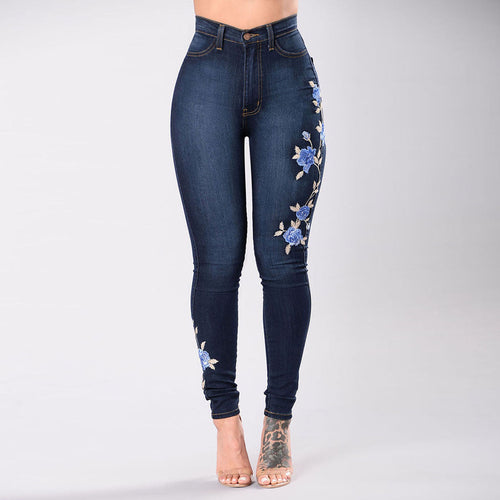 Womens High Waist Embroidered Jeans