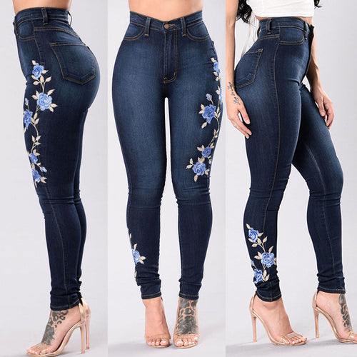 Womens High Waist Embroidered Jeans