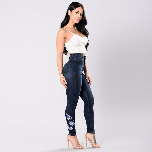 Womens High Waist Embroidered Jeans