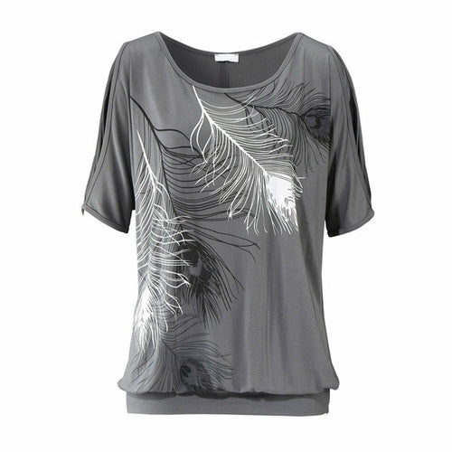 Womens Cut Shoulder T Shirt with Feather Print