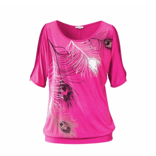 Womens Cut Shoulder T Shirt with Feather Print